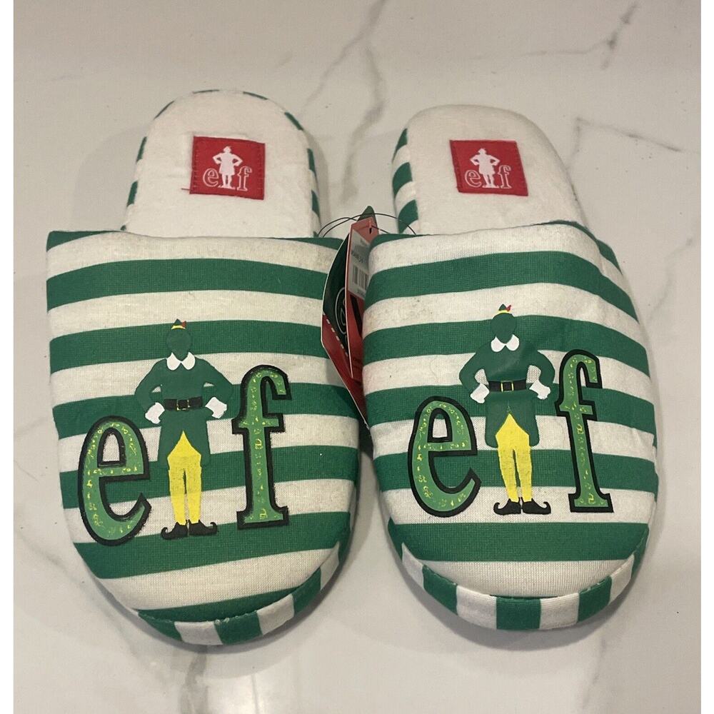 Elf Green Striped With Logo Placement Print Mule Slippers Womens 5-6 New